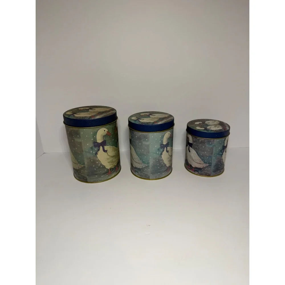 Vintage Snow Geese Nesting Tin Canisters Set of 3 Blue Ribbon Cottagecore Decor